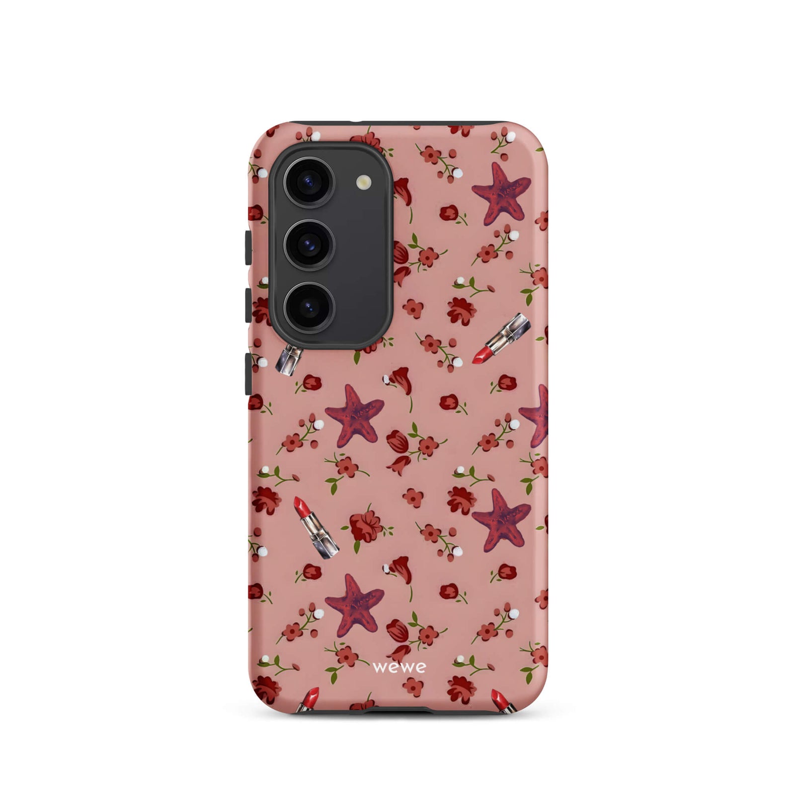 Custom samsung galaxy s23 Phone case with a  retro pattern of red flowers, starfish, and lipstick tubes on a pink rose colour background.