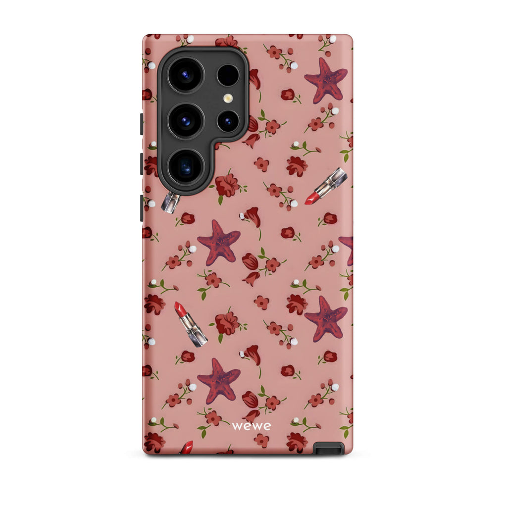 Custom samsung galaxy s24 ultra Phone case with a  retro pattern of red flowers, starfish, and lipstick tubes on a pink rose colour background.