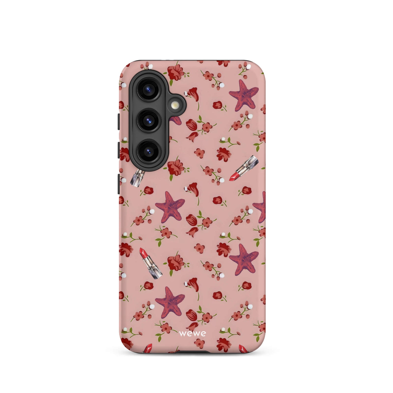Custom samsung galaxy s24 Phone case with a  retro pattern of red flowers, starfish, and lipstick tubes on a pink rose colour background.