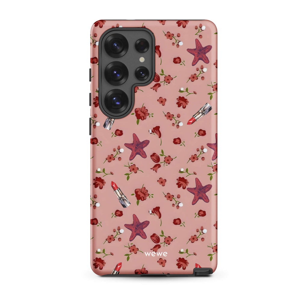 Custom samsung galaxy s25 ultra Phone case with a  retro pattern of red flowers, starfish, and lipstick tubes on a pink rose colour background.