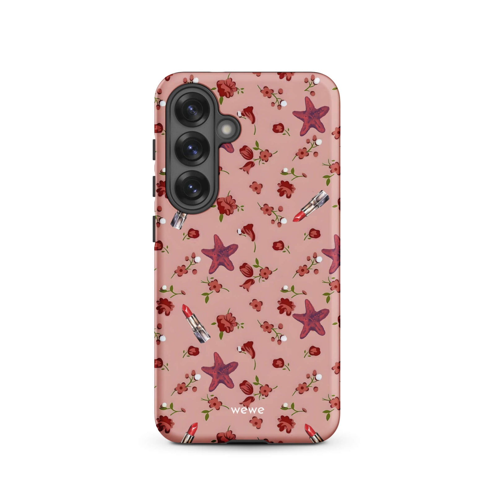 Custom samsung galaxy s25 Phone case with a  retro pattern of red flowers, starfish, and lipstick tubes on a pink rose colour background.