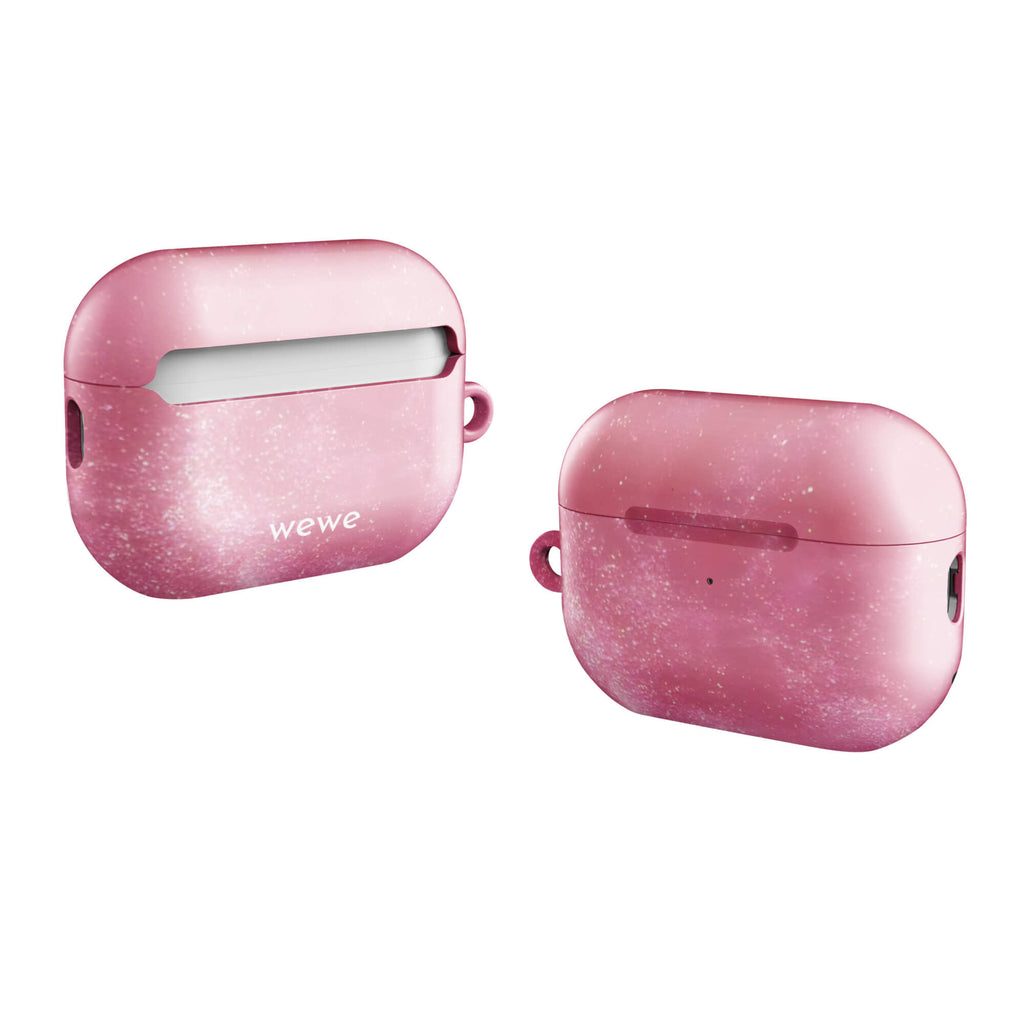 Custom airpods case pro gen2 with a glossy, light pink star dust-like pattern with subtle white shimmer.