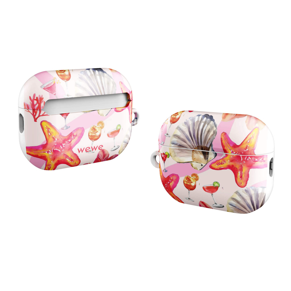Custom airpods case pro gen2 with a tropical pattern of starfish, seashells, hibiscus flowers, and summer cocktails.