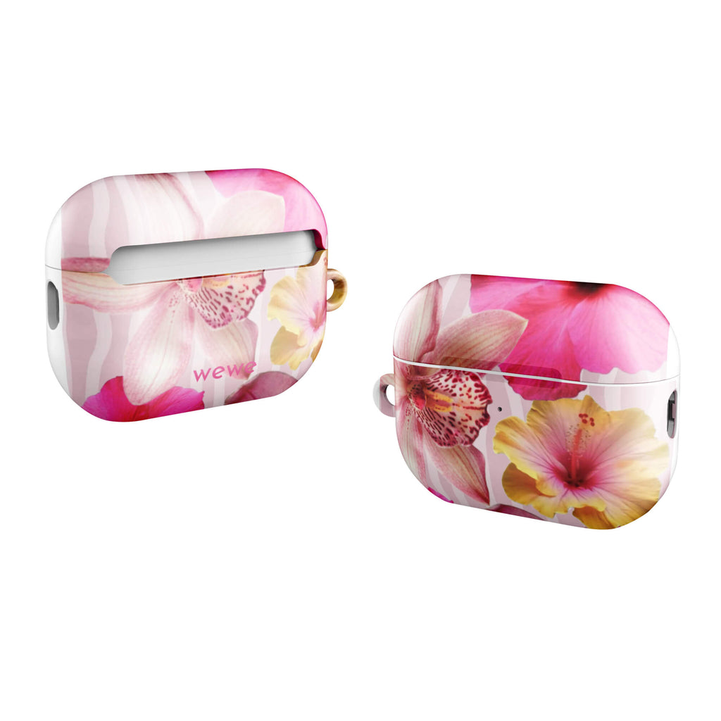 Custom airpods case pro gen2 with a tropical floral pattern of pink and yellow hibiscus flowers and lilies on a striped background.