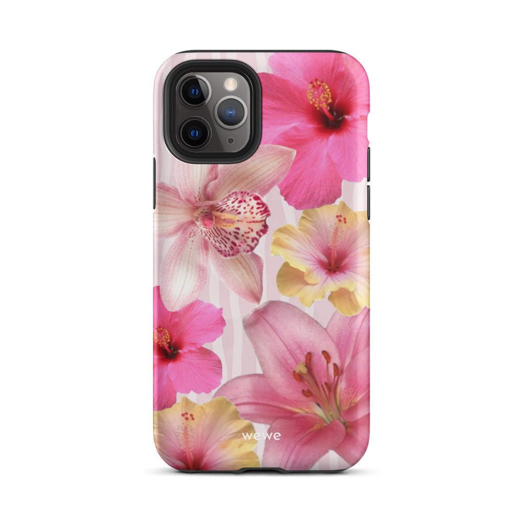 Custom iPhone case 11 pro with a tropical floral pattern of pink and yellow hibiscus flowers and lilies on a striped background.