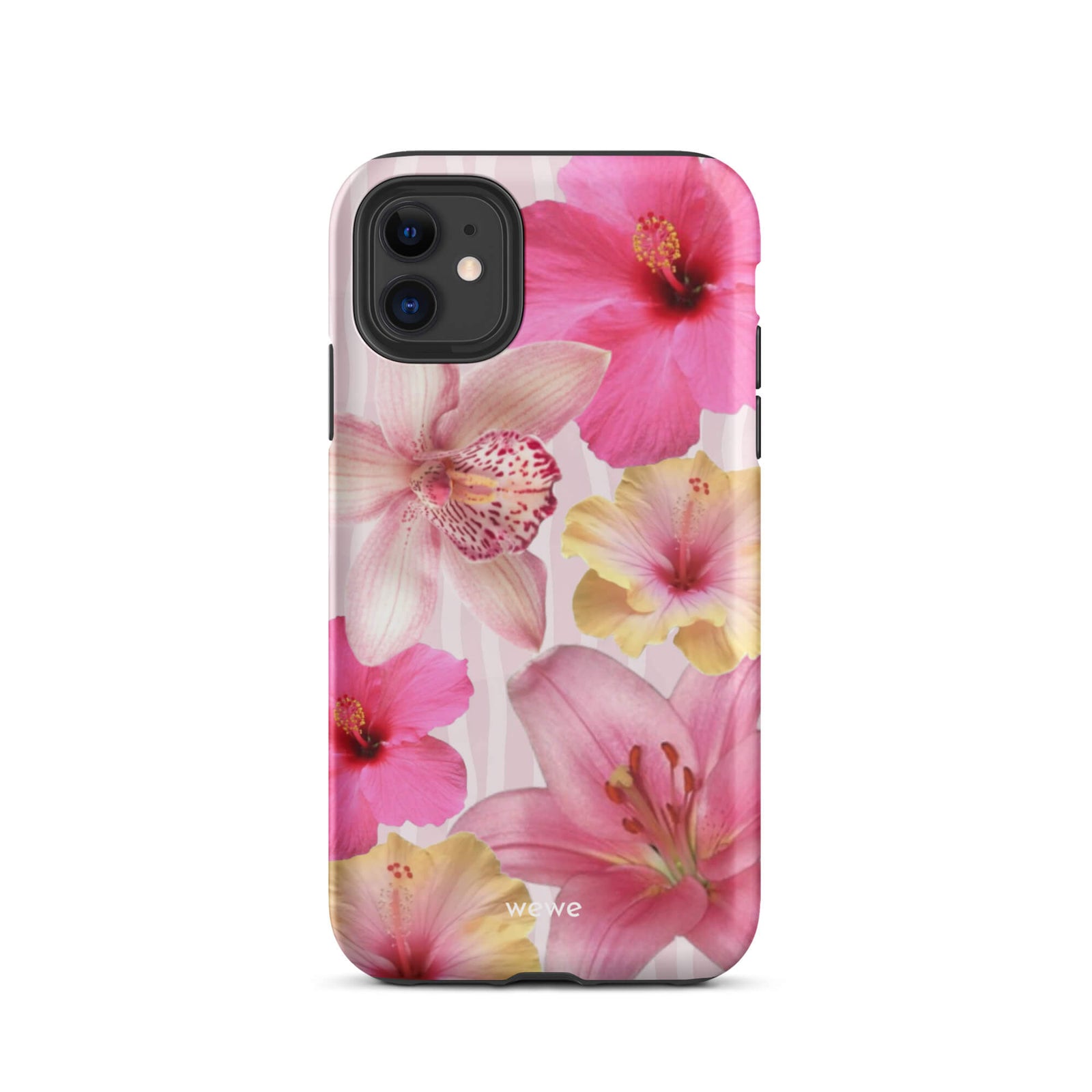 Custom iPhone case 11 with a tropical floral pattern of pink and yellow hibiscus flowers and lilies on a striped background.
