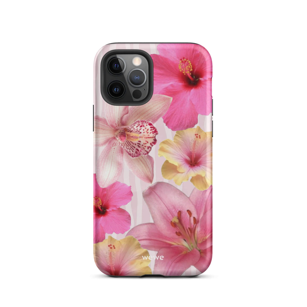 Custom iPhone case 12 pro with a tropical floral pattern of pink and yellow hibiscus flowers and lilies on a striped background.