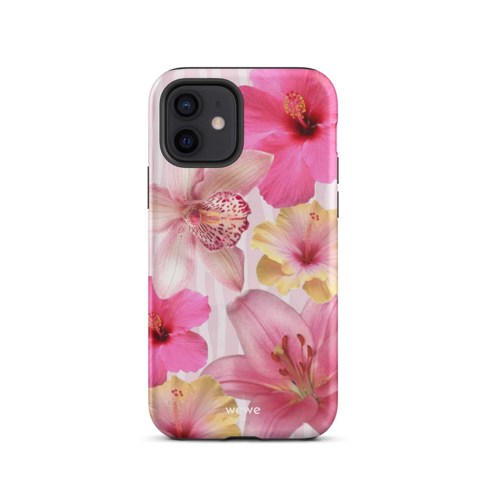 Custom iPhone case 12 with a tropical floral pattern of pink and yellow hibiscus flowers and lilies on a striped background.