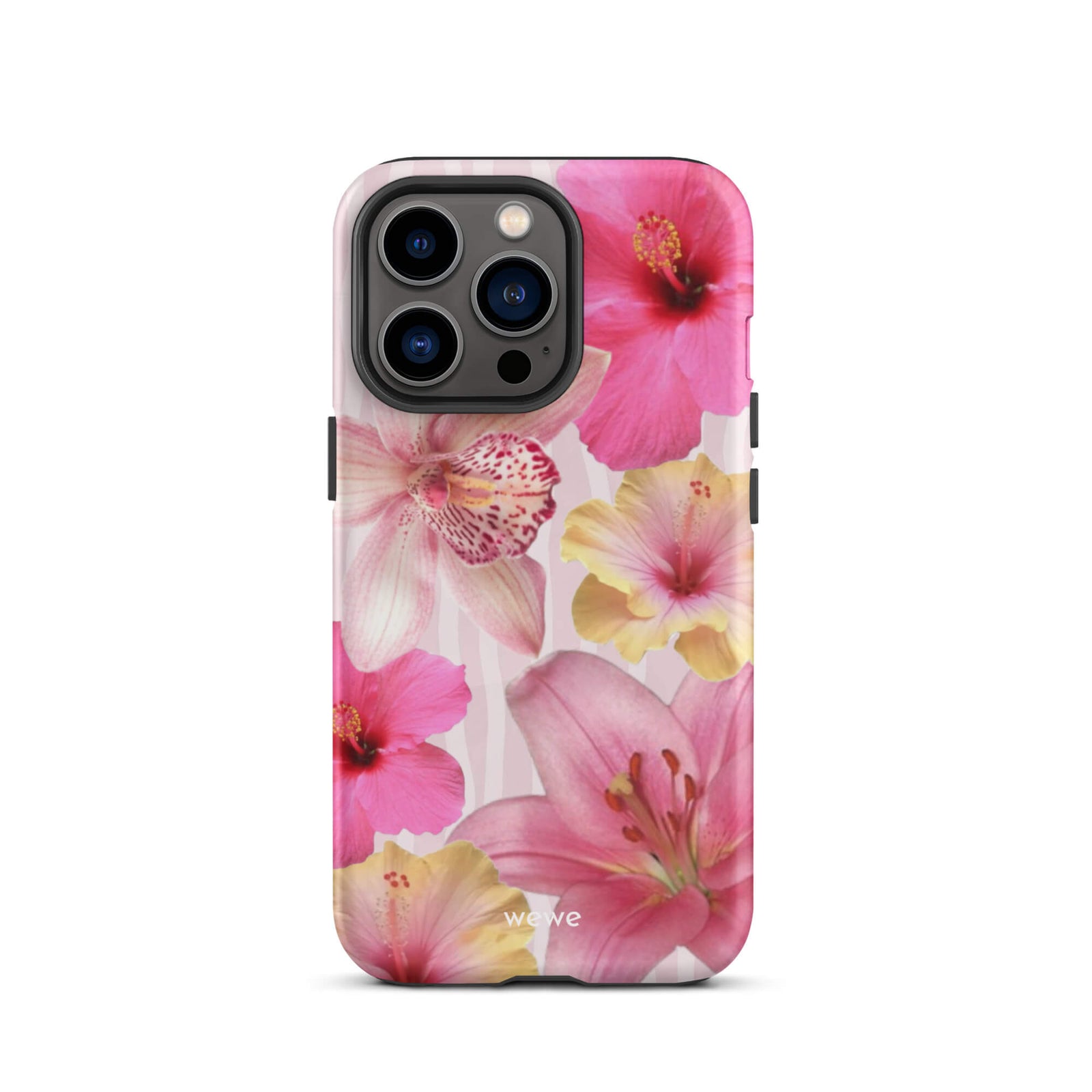 Custom iPhone case 13 pro with a tropical floral pattern of pink and yellow hibiscus flowers and lilies on a striped background.