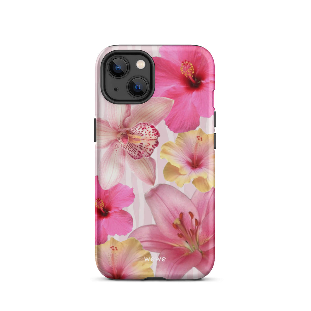 Custom iPhone case 13 with a tropical floral pattern of pink and yellow hibiscus flowers and lilies on a striped background.