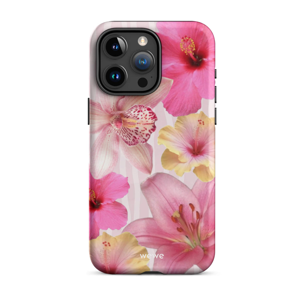 Custom iPhone case 15 pro with a tropical floral pattern of pink and yellow hibiscus flowers and lilies on a striped background.