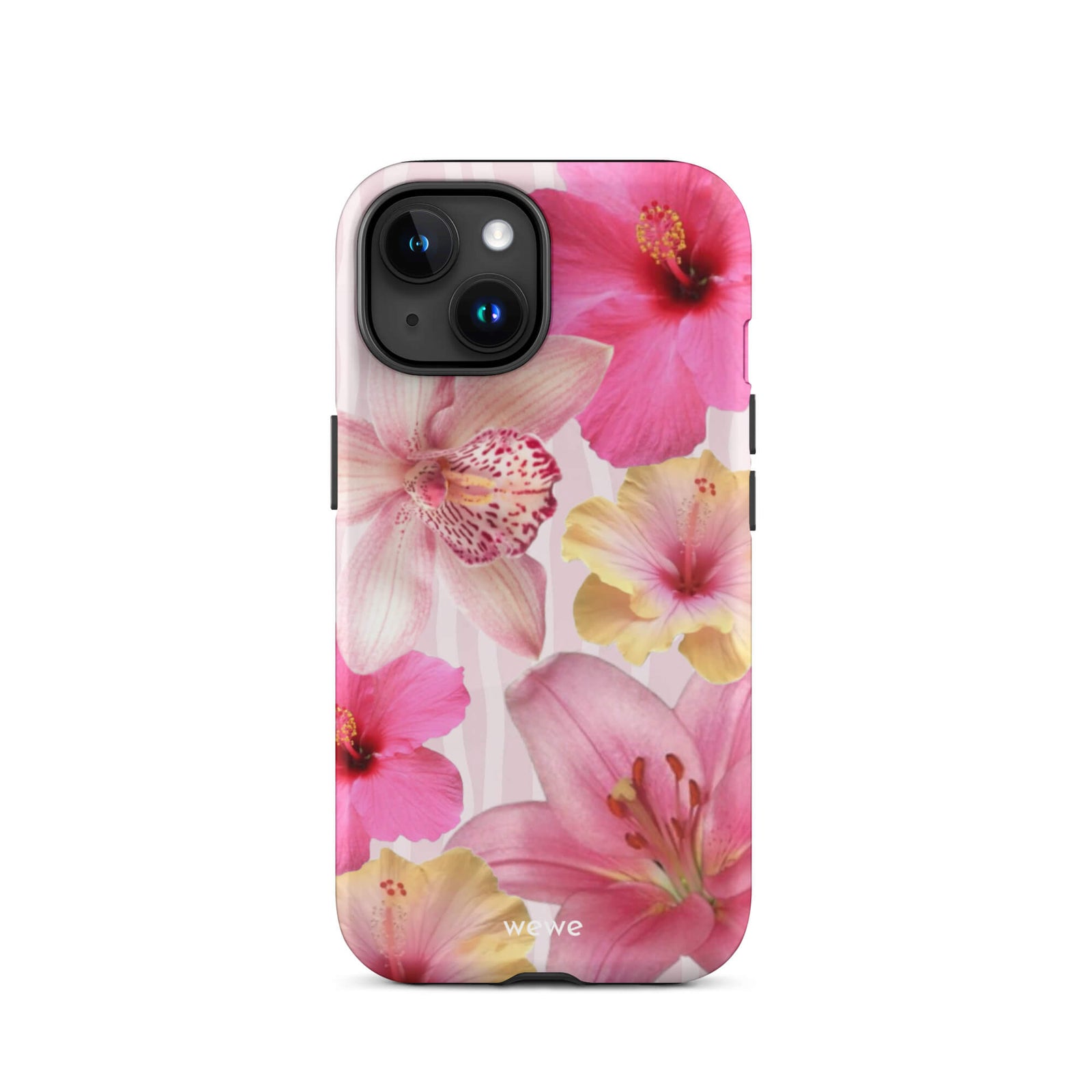 Custom iPhone case 15 with a tropical floral pattern of pink and yellow hibiscus flowers and lilies on a striped background.