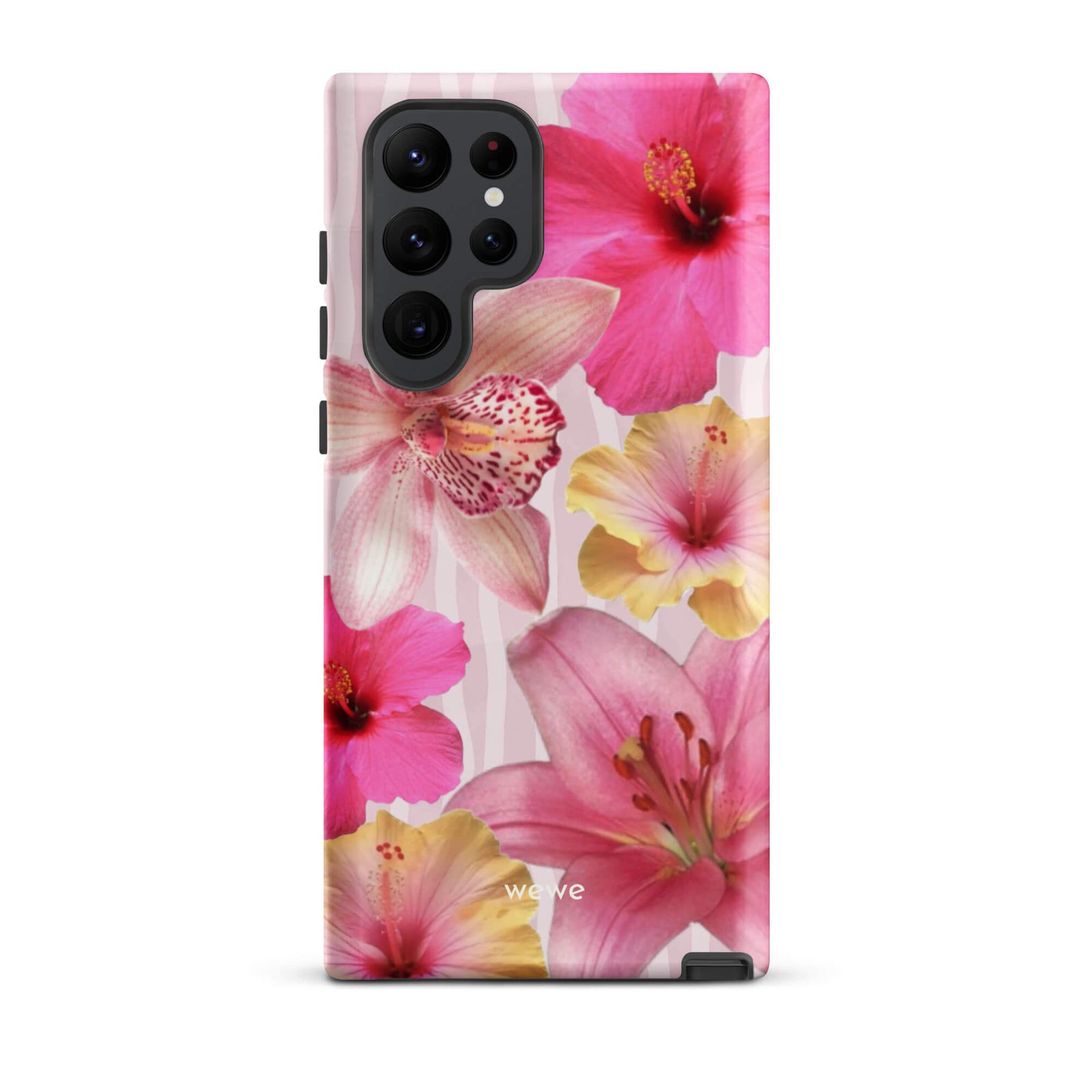 Custom samsung galaxy s22 ultra Phone case with a tropical floral pattern of pink and yellow hibiscus flowers and lilies on a striped background.