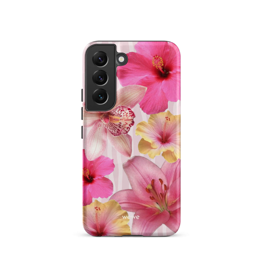 Custom samsung galaxy s22 Phone case with a tropical floral pattern of pink and yellow hibiscus flowers and lilies on a striped background.