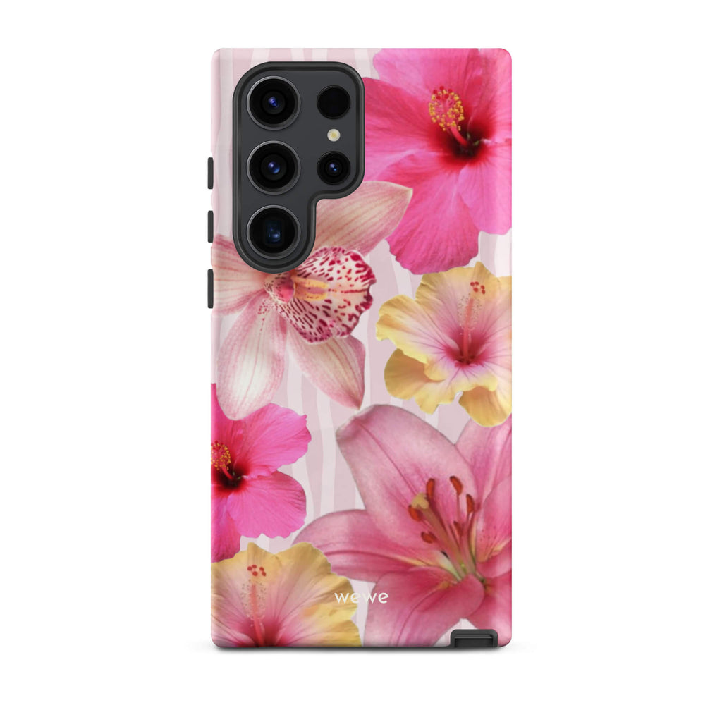 Custom samsung galaxy s23 ultra Phone case with a tropical floral pattern of pink and yellow hibiscus flowers and lilies on a striped background.