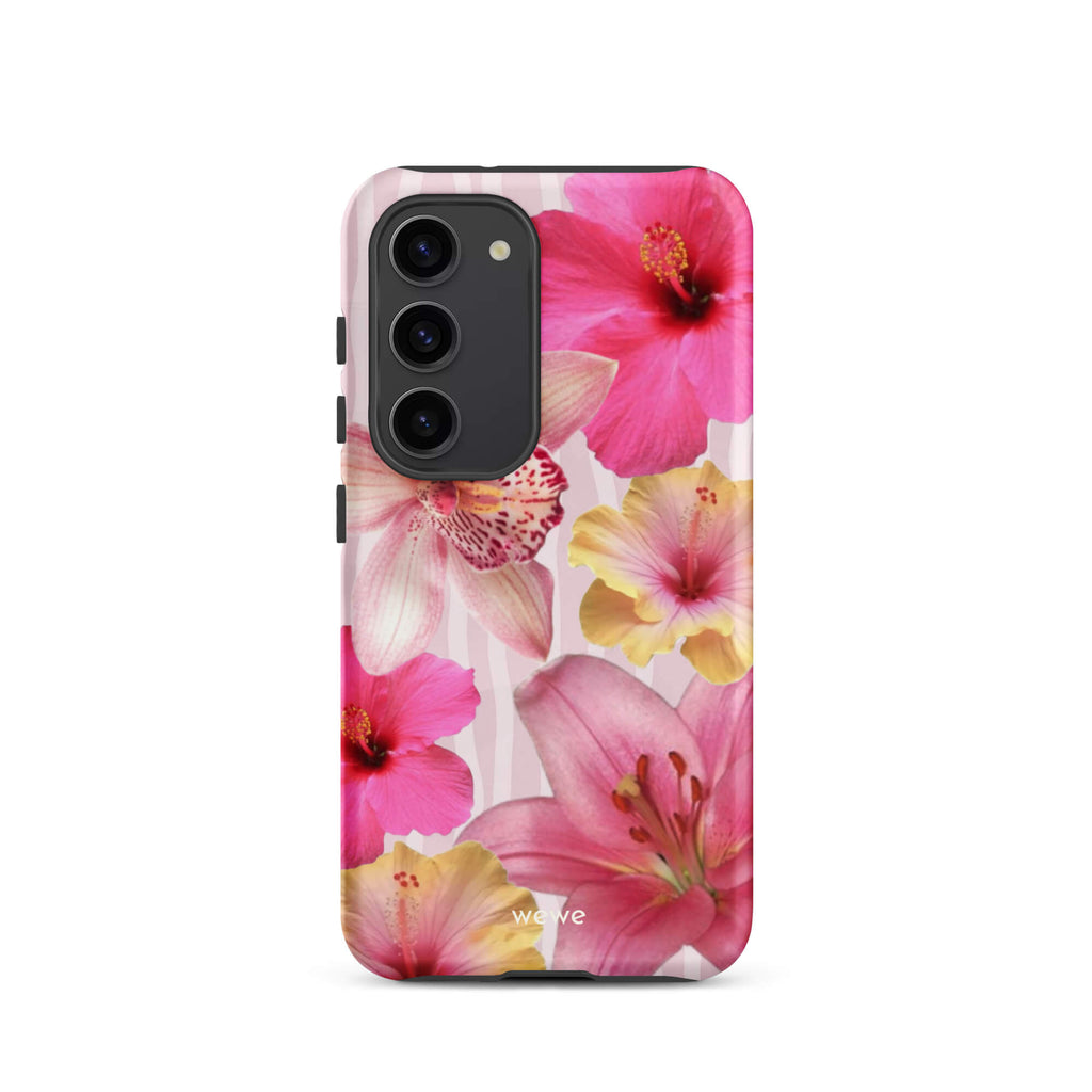 Custom samsung galaxy s23 Phone case with a tropical floral pattern of pink and yellow hibiscus flowers and lilies on a striped background.