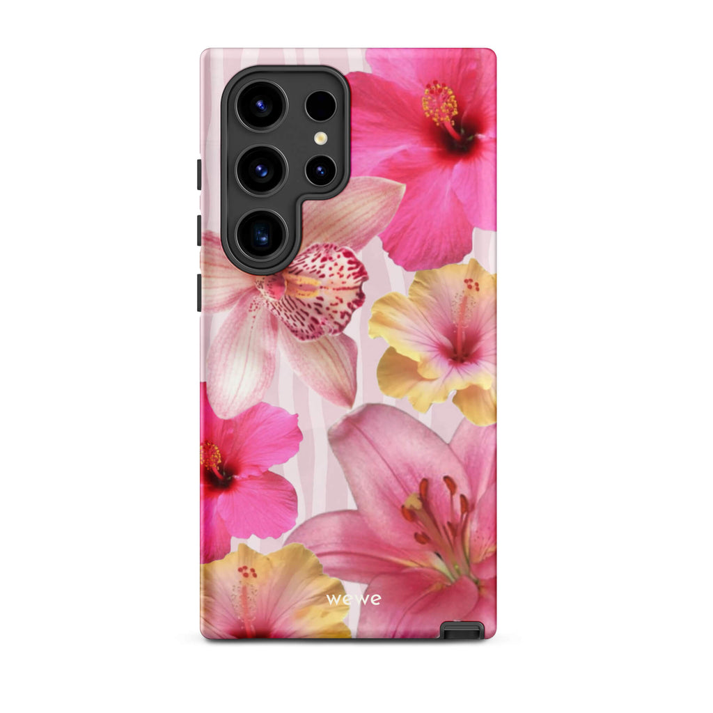 Custom samsung galaxy s24 ultra Phone case with a tropical floral pattern of pink and yellow hibiscus flowers and lilies on a striped background.
