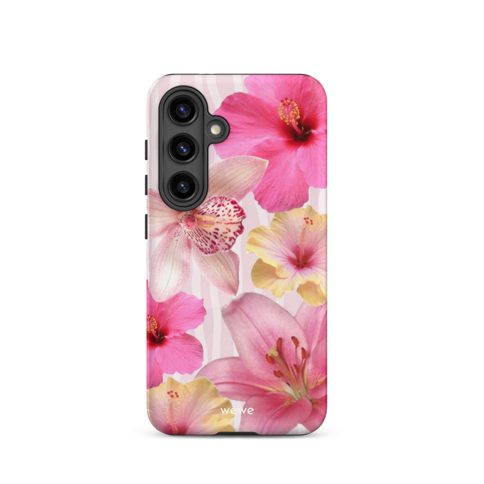Custom samsung galaxy s24 Phone case with a tropical floral pattern of pink and yellow hibiscus flowers and lilies on a striped background.