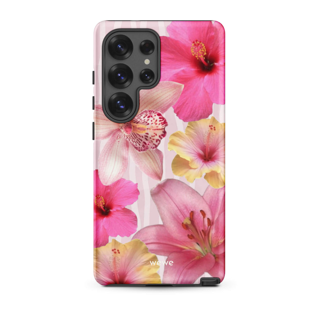 Custom samsung galaxy s25 ultra Phone case with a tropical floral pattern of pink and yellow hibiscus flowers and lilies on a striped background.