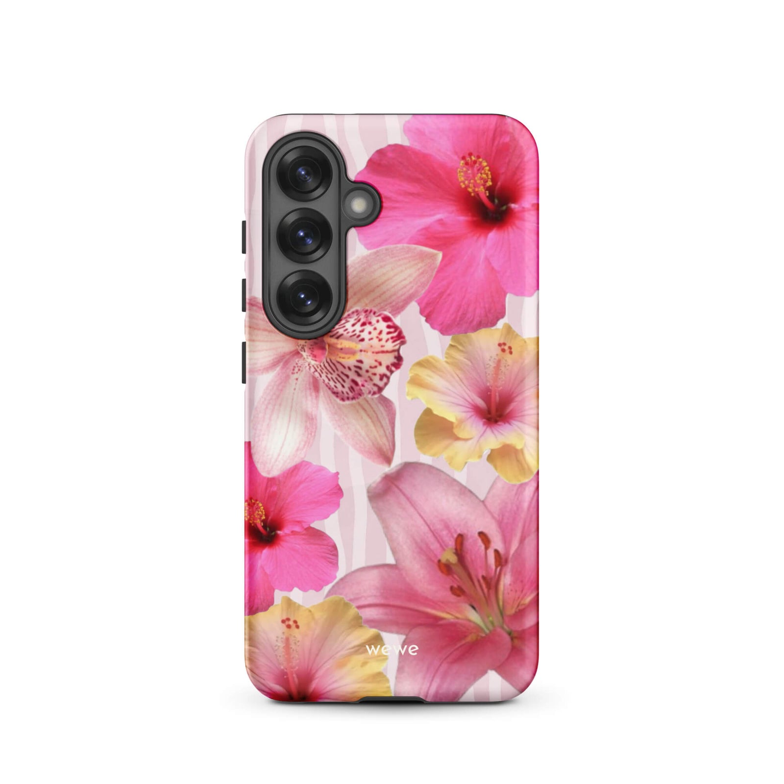 Custom samsung galaxy s25 Phone case with a tropical floral pattern of pink and yellow hibiscus flowers and lilies on a striped background.