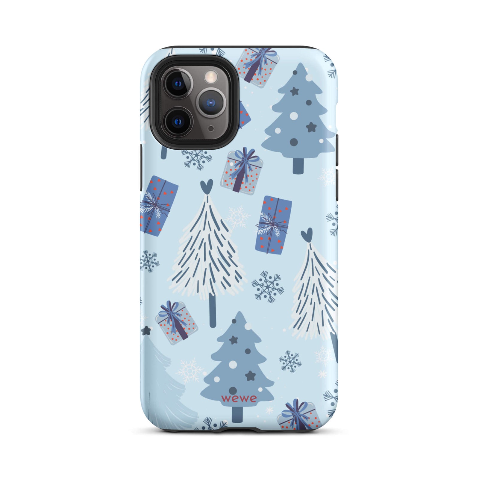Custom iPhone 11 pro tough case featuring a light pastel blue background with a scattered pattern of stylized white and slate blue Christmas trees, dark blue wrapped gifts, and white snowflakes, with 'wewe' branding at the bottom.