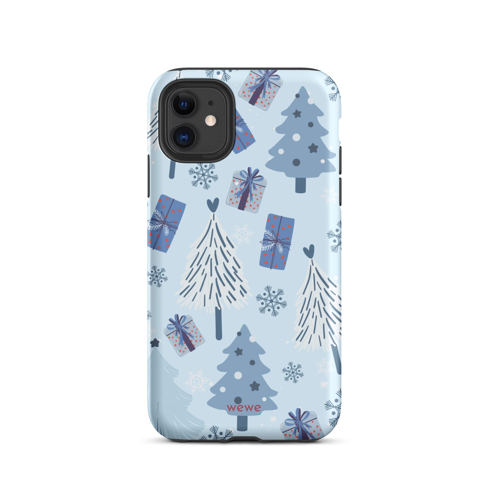 Custom iPhone 11 tough case featuring a light pastel blue background with a scattered pattern of stylized white and slate blue Christmas trees, dark blue wrapped gifts, and white snowflakes, with 'wewe' branding at the bottom.