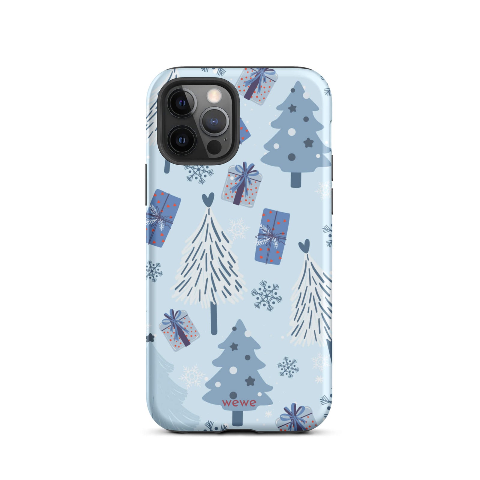 Custom iPhone 12 pro tough case featuring a light pastel blue background with a scattered pattern of stylized white and slate blue Christmas trees, dark blue wrapped gifts, and white snowflakes, with 'wewe' branding at the bottom.