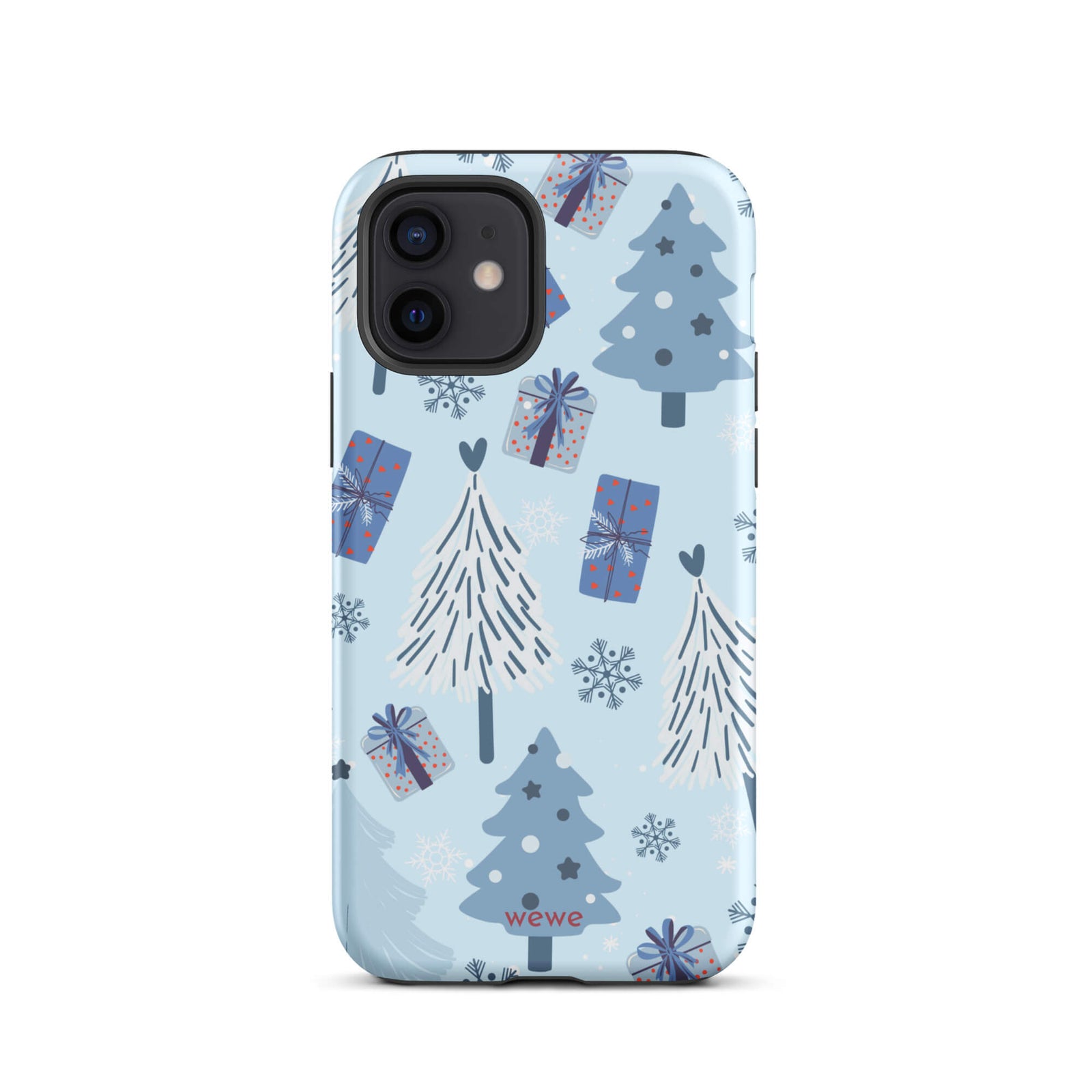 Custom iPhone 12 tough case featuring a light pastel blue background with a scattered pattern of stylized white and slate blue Christmas trees, dark blue wrapped gifts, and white snowflakes, with 'wewe' branding at the bottom.