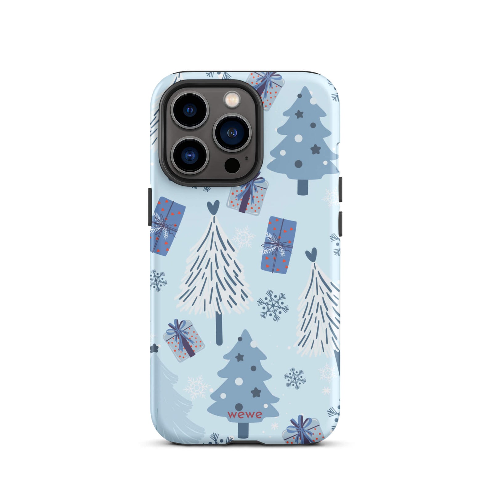 Custom iPhone 13 pro tough case featuring a light pastel blue background with a scattered pattern of stylized white and slate blue Christmas trees, dark blue wrapped gifts, and white snowflakes, with 'wewe' branding at the bottom.