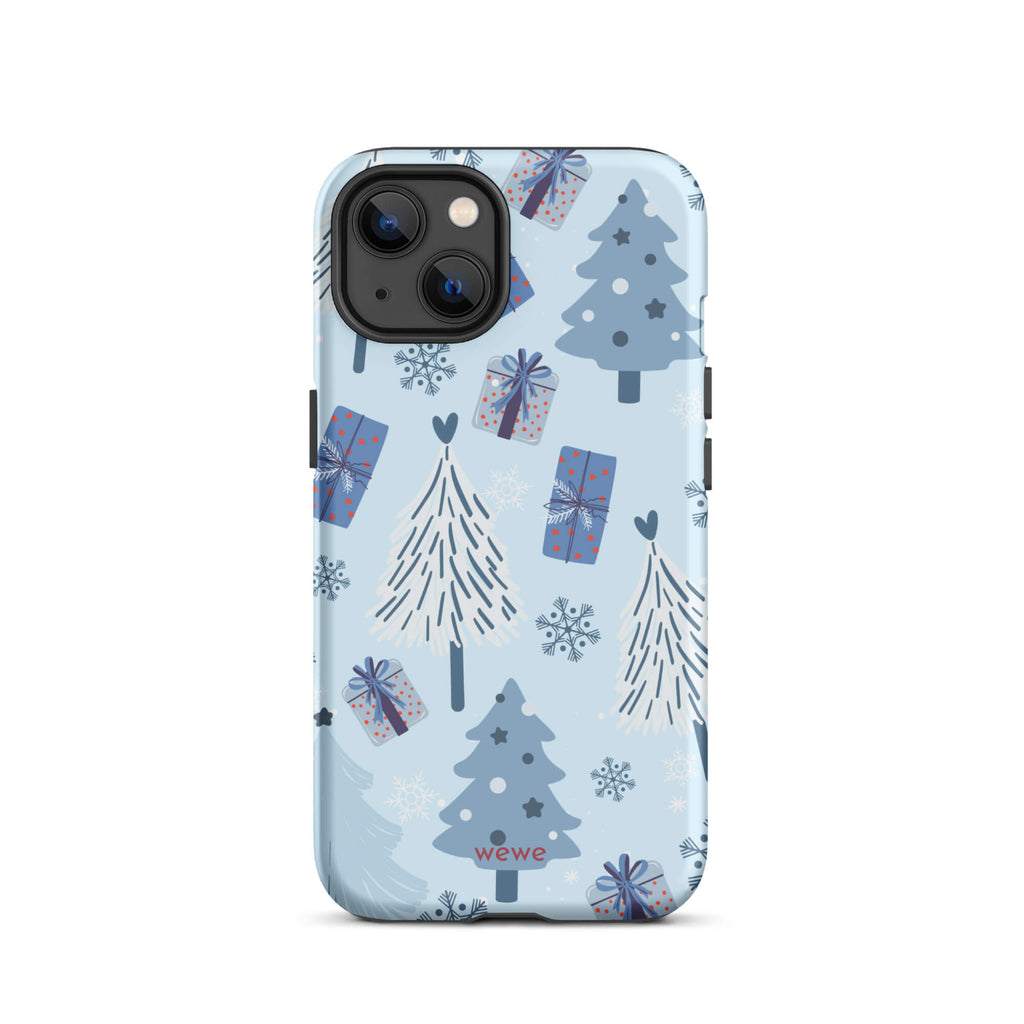 Custom iPhone 13 tough case featuring a light pastel blue background with a scattered pattern of stylized white and slate blue Christmas trees, dark blue wrapped gifts, and white snowflakes, with 'wewe' branding at the bottom.