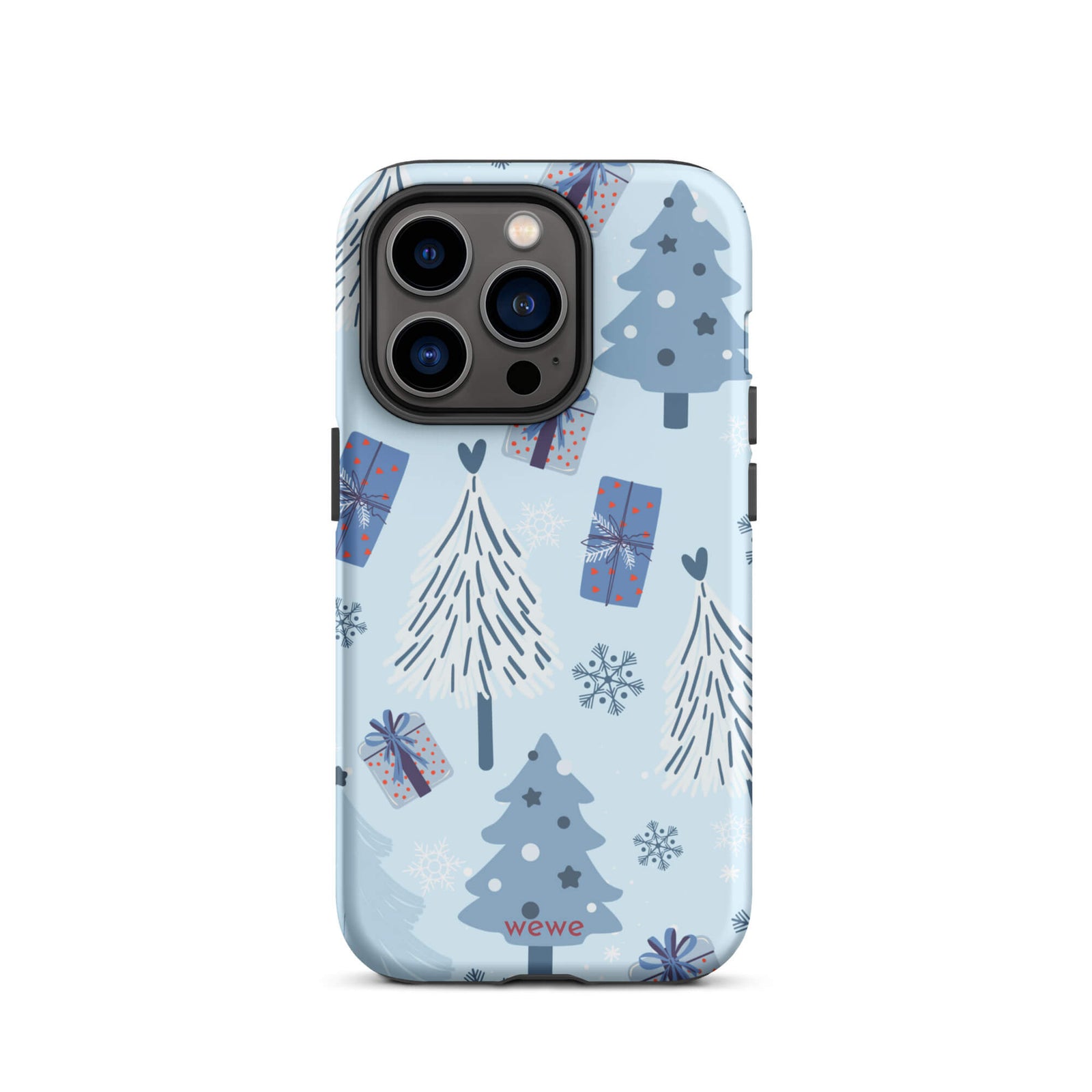 Custom iPhone 14 pro tough case featuring a light pastel blue background with a scattered pattern of stylized white and slate blue Christmas trees, dark blue wrapped gifts, and white snowflakes, with 'wewe' branding at the bottom.