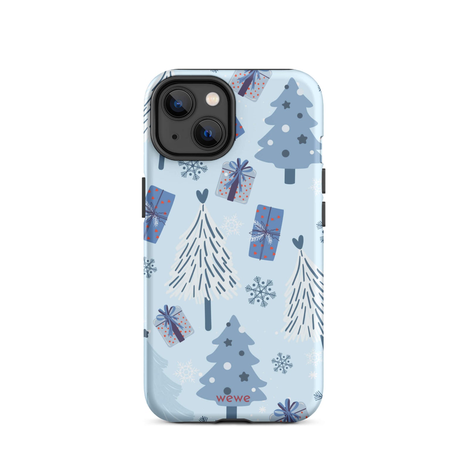 Custom iPhone 14 tough case featuring a light pastel blue background with a scattered pattern of stylized white and slate blue Christmas trees, dark blue wrapped gifts, and white snowflakes, with 'wewe' branding at the bottom.