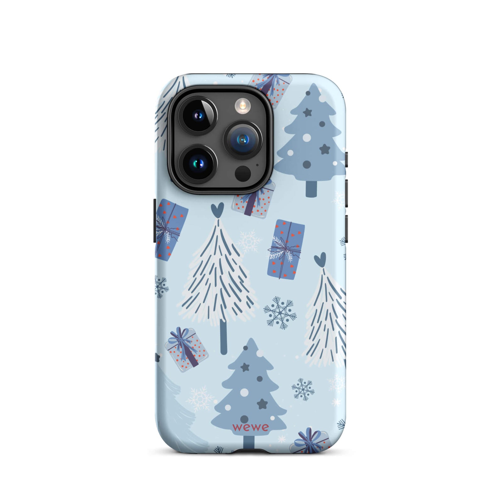 Custom iPhone 15 pro tough case featuring a light pastel blue background with a scattered pattern of stylized white and slate blue Christmas trees, dark blue wrapped gifts, and white snowflakes, with 'wewe' branding at the bottom.