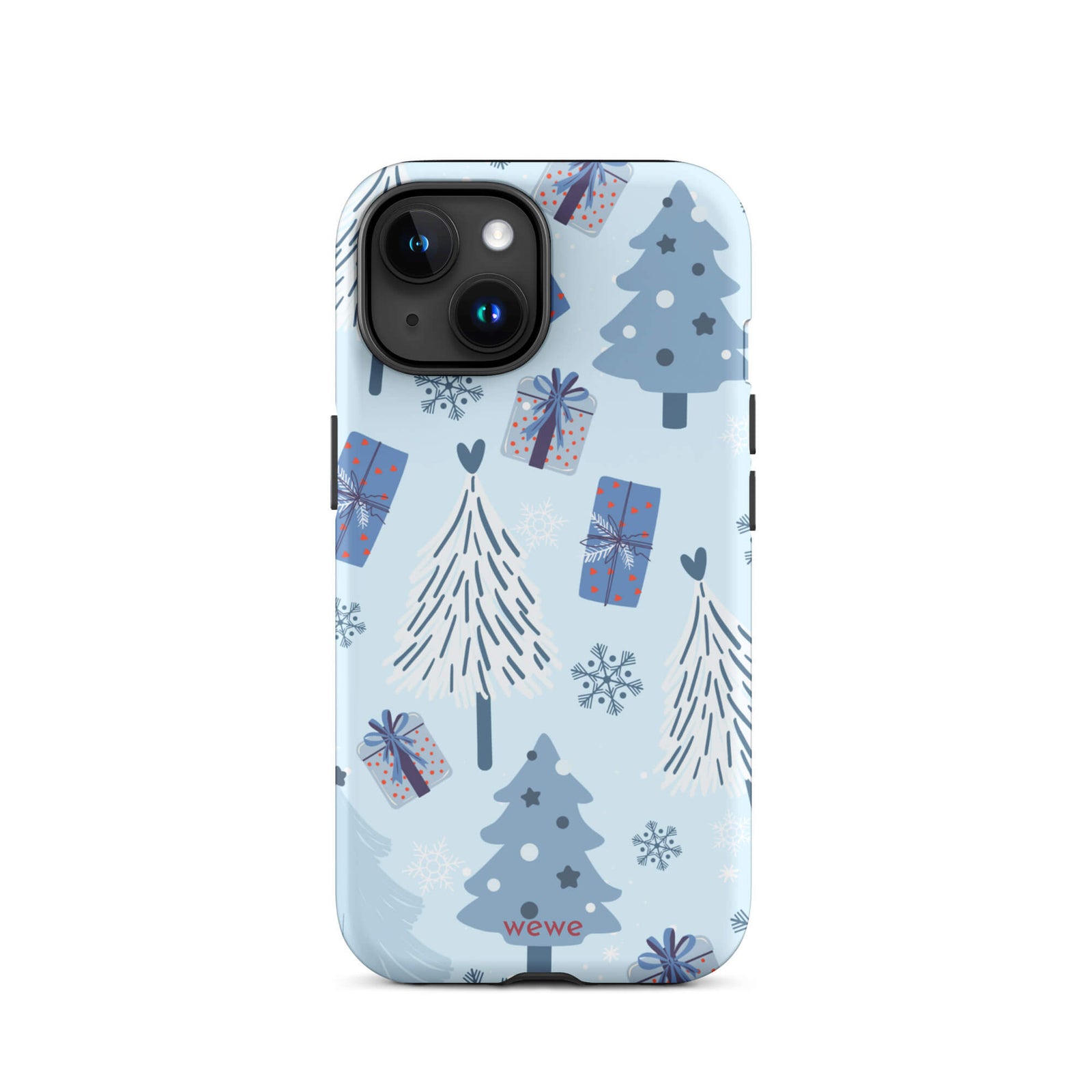 Custom iPhone 15 tough case featuring a light pastel blue background with a scattered pattern of stylized white and slate blue Christmas trees, dark blue wrapped gifts, and white snowflakes, with 'wewe' branding at the bottom.