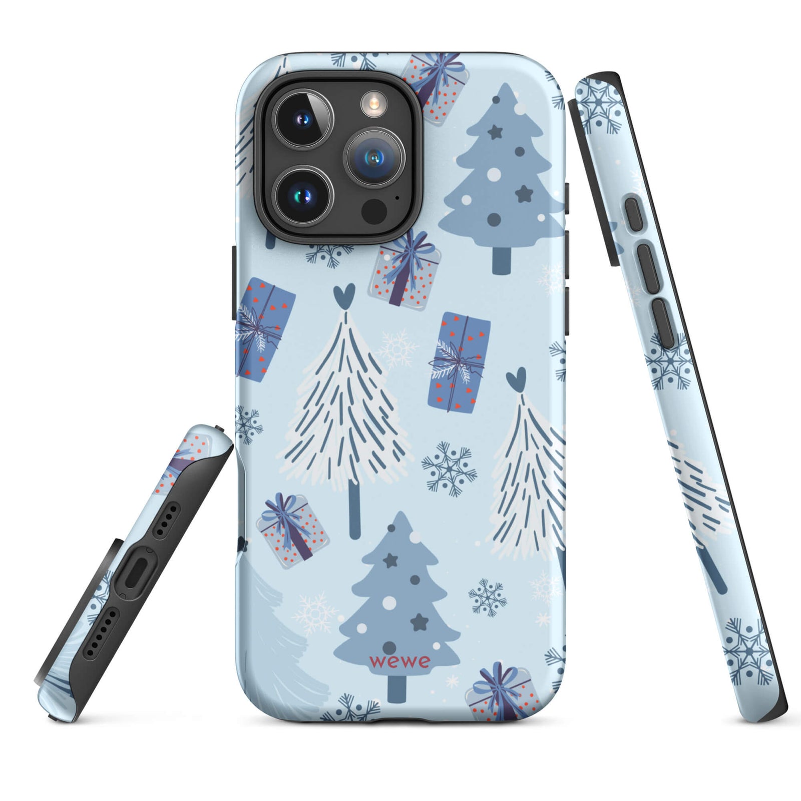 Custom iPhone 16 pro max tough case featuring a light pastel blue background with a scattered pattern of stylized white and slate blue Christmas trees, dark blue wrapped gifts, and white snowflakes, with 'wewe' branding at the bottom.