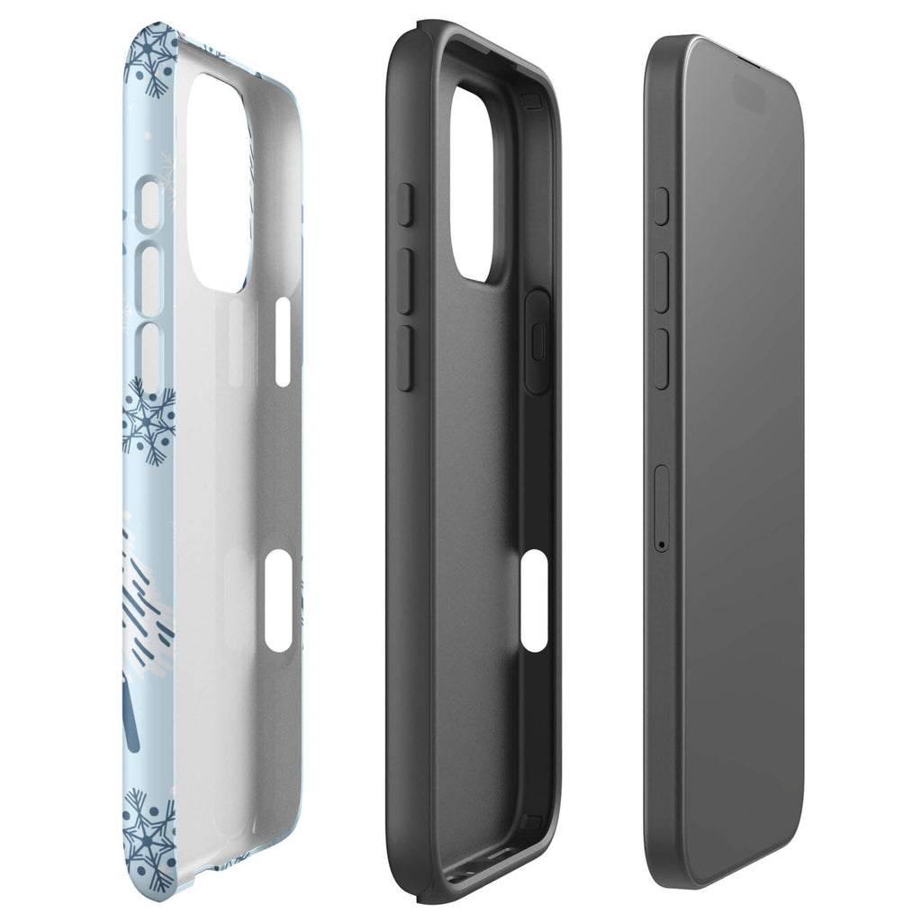 Custom iPhone 16 pro max tough case featuring a light pastel blue background with a scattered pattern of stylized white and slate blue Christmas trees, dark blue wrapped gifts, and white snowflakes, with 'wewe' branding at the bottom.