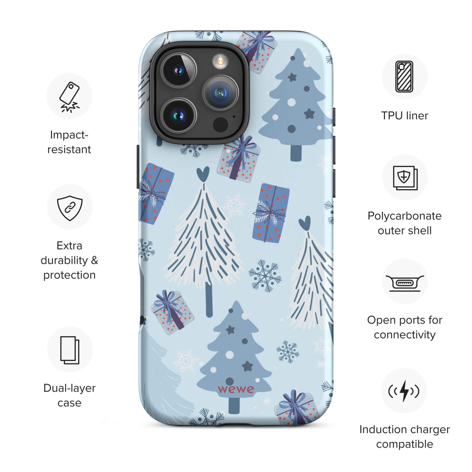 Custom iPhone 16 pro max tough case featuring a light pastel blue background with a scattered pattern of stylized white and slate blue Christmas trees, dark blue wrapped gifts, and white snowflakes, with 'wewe' branding at the bottom.