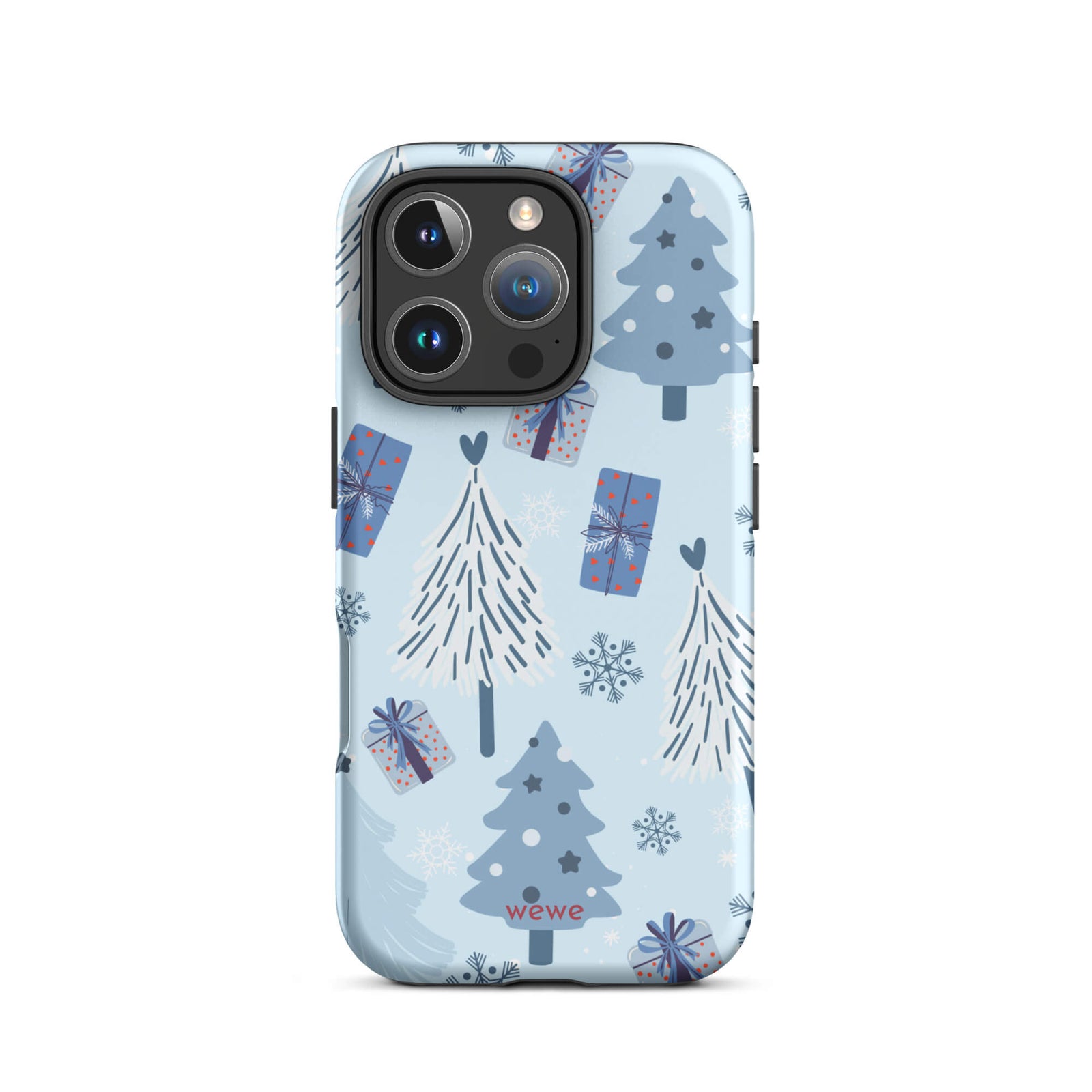 Custom iPhone 16 pro tough case featuring a light pastel blue background with a scattered pattern of stylized white and slate blue Christmas trees, dark blue wrapped gifts, and white snowflakes, with 'wewe' branding at the bottom.