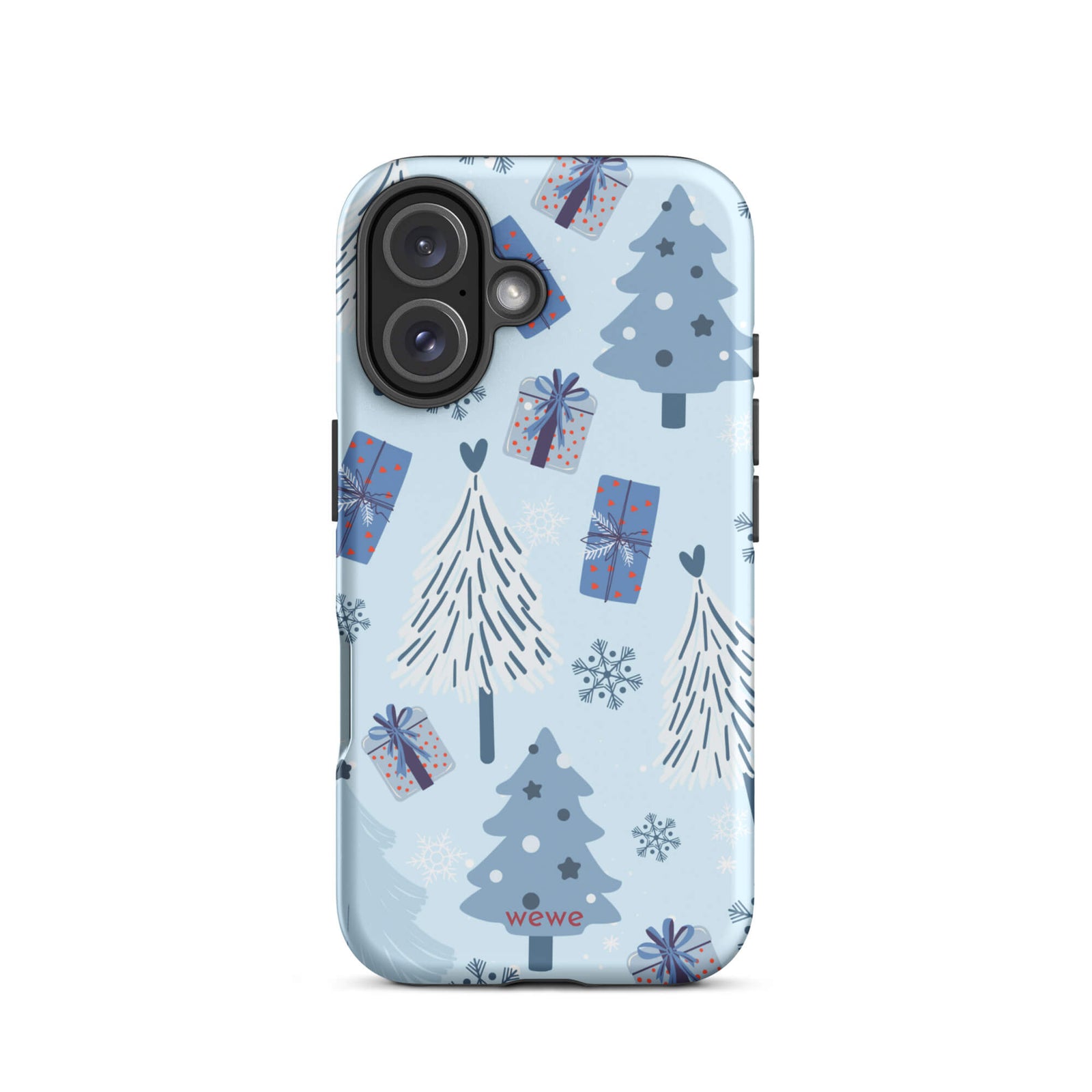 Custom iPhone 16 tough case featuring a light pastel blue background with a scattered pattern of stylized white and slate blue Christmas trees, dark blue wrapped gifts, and white snowflakes, with 'wewe' branding at the bottom.