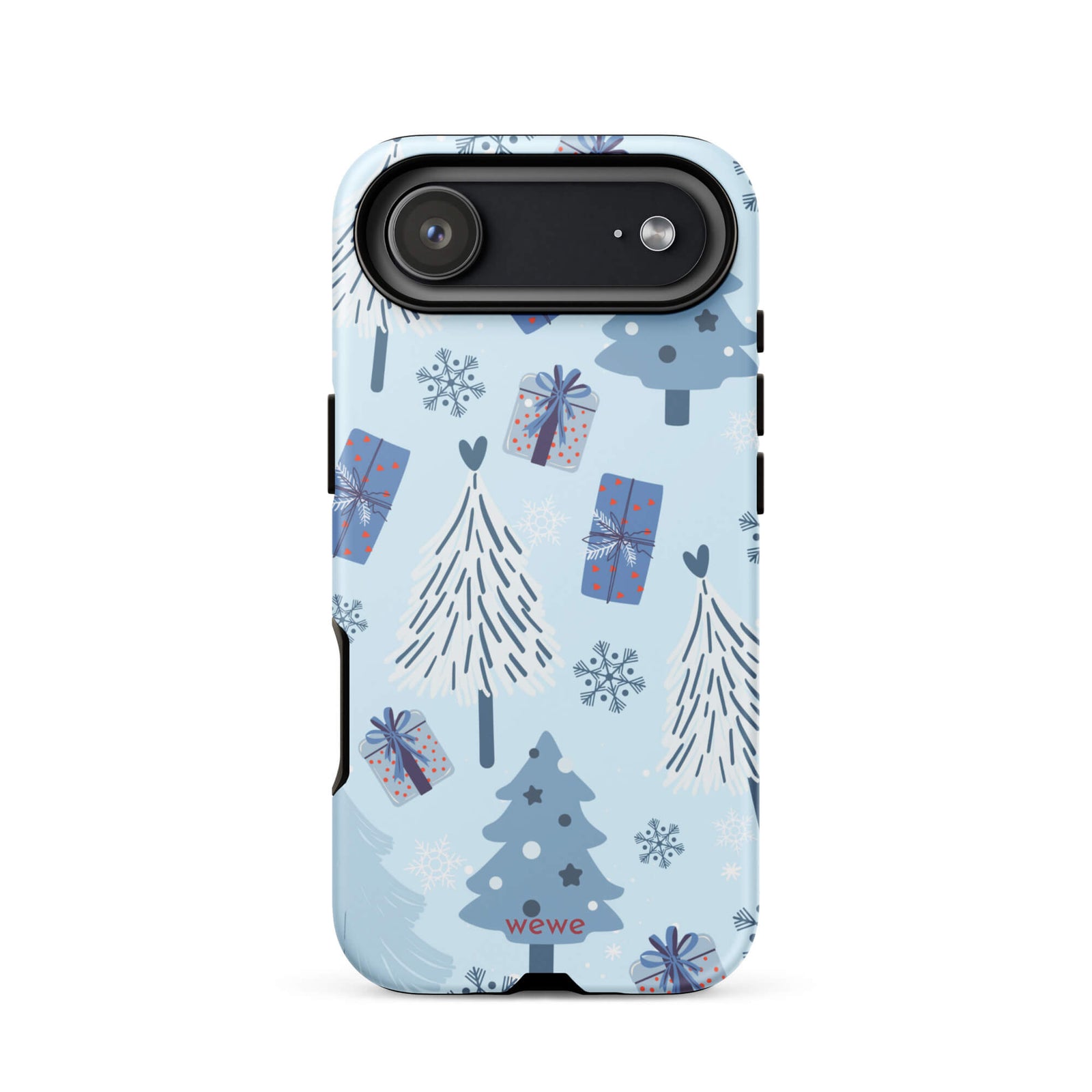 Custom iPhone 17 air tough case featuring a light pastel blue background with a scattered pattern of stylized white and slate blue Christmas trees, dark blue wrapped gifts, and white snowflakes, with 'wewe' branding at the bottom.