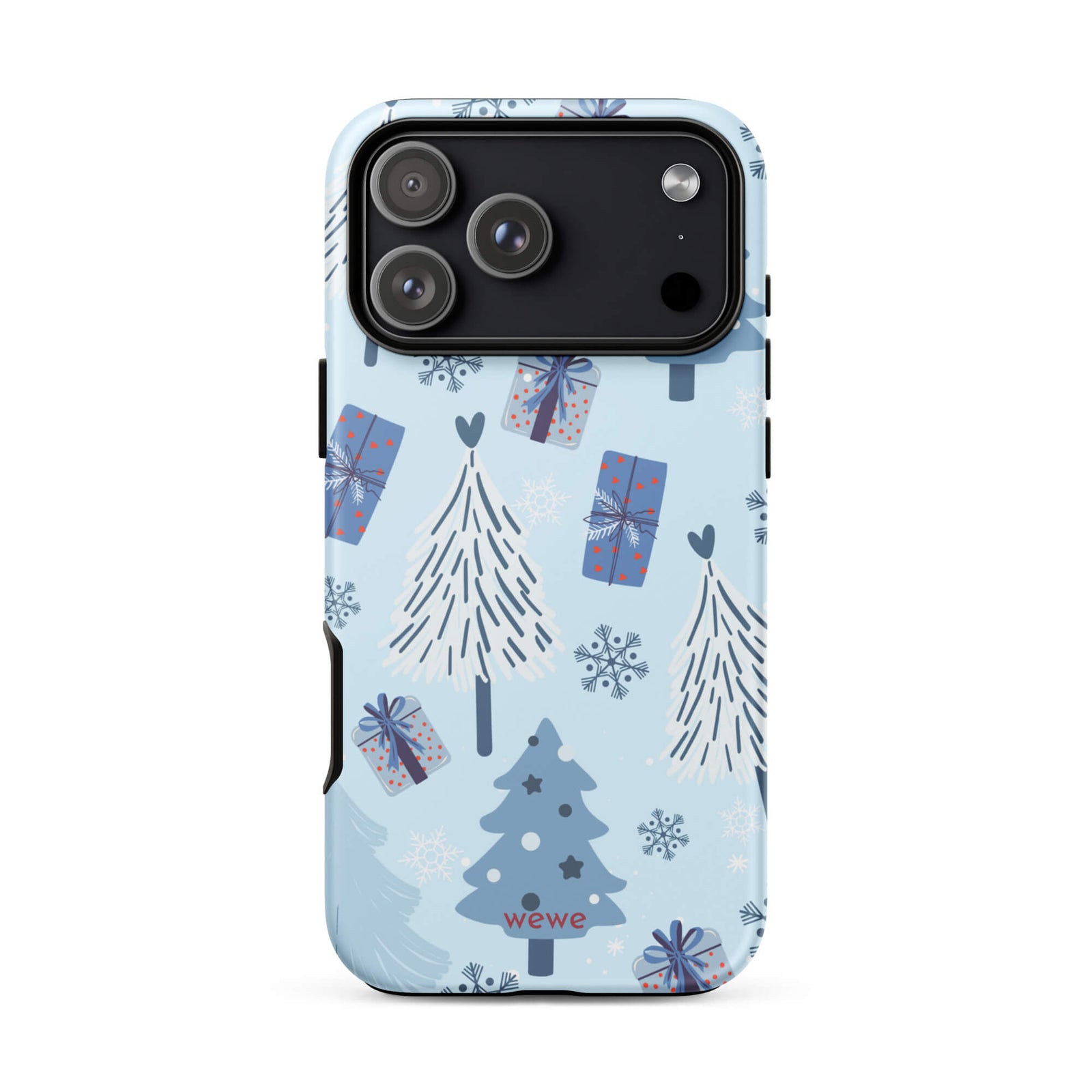 Custom iPhone 17 pro max tough case featuring a light pastel blue background with a scattered pattern of stylized white and slate blue Christmas trees, dark blue wrapped gifts, and white snowflakes, with 'wewe' branding at the bottom.