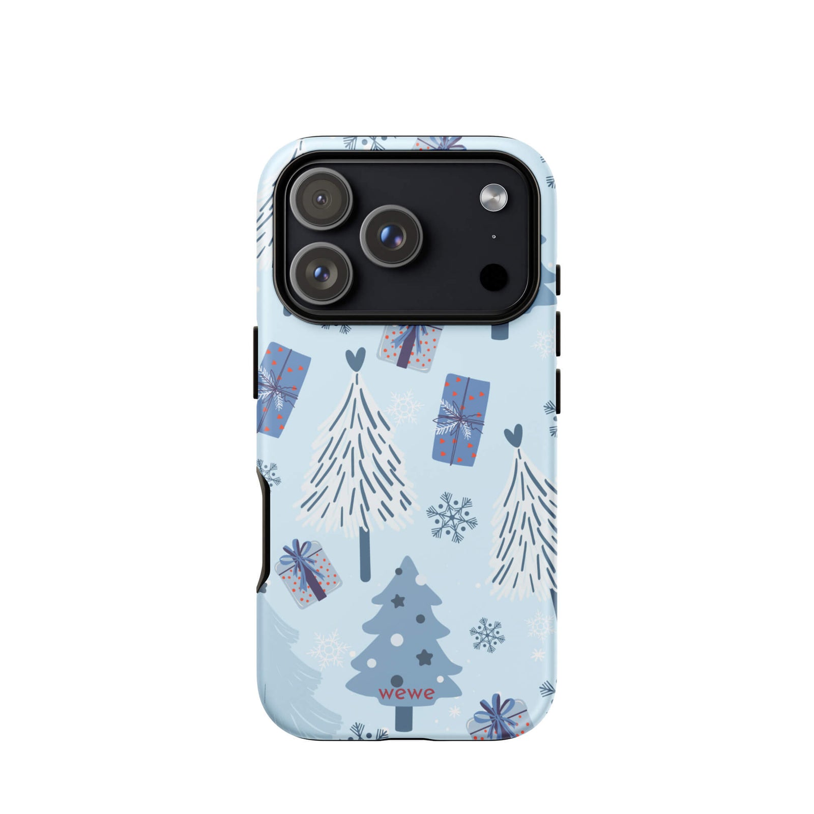 Custom iPhone 17 pro tough case featuring a light pastel blue background with a scattered pattern of stylized white and slate blue Christmas trees, dark blue wrapped gifts, and white snowflakes, with 'wewe' branding at the bottom.