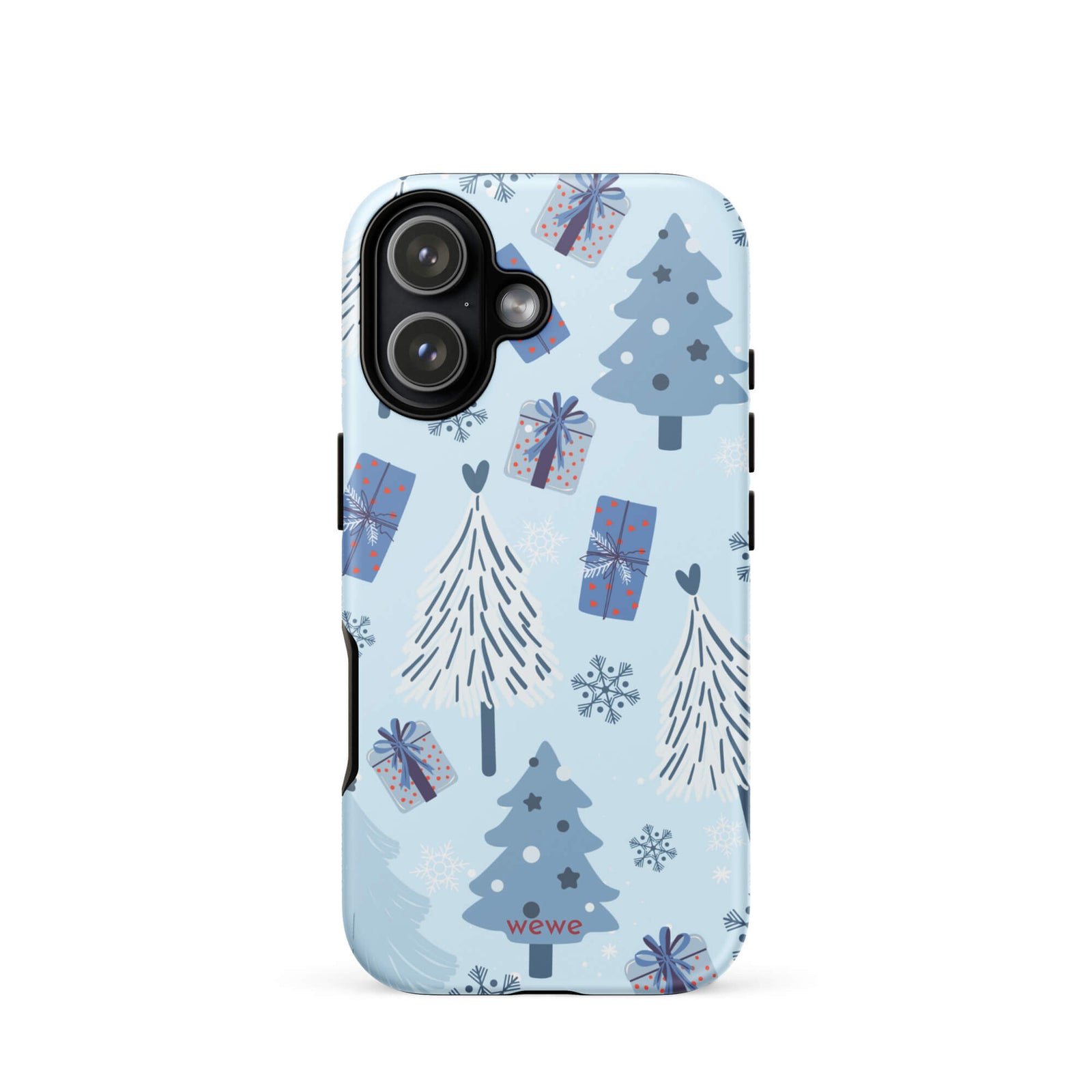 Custom iPhone 17 tough case featuring a light pastel blue background with a scattered pattern of stylized white and slate blue Christmas trees, dark blue wrapped gifts, and white snowflakes, with 'wewe' branding at the bottom.
