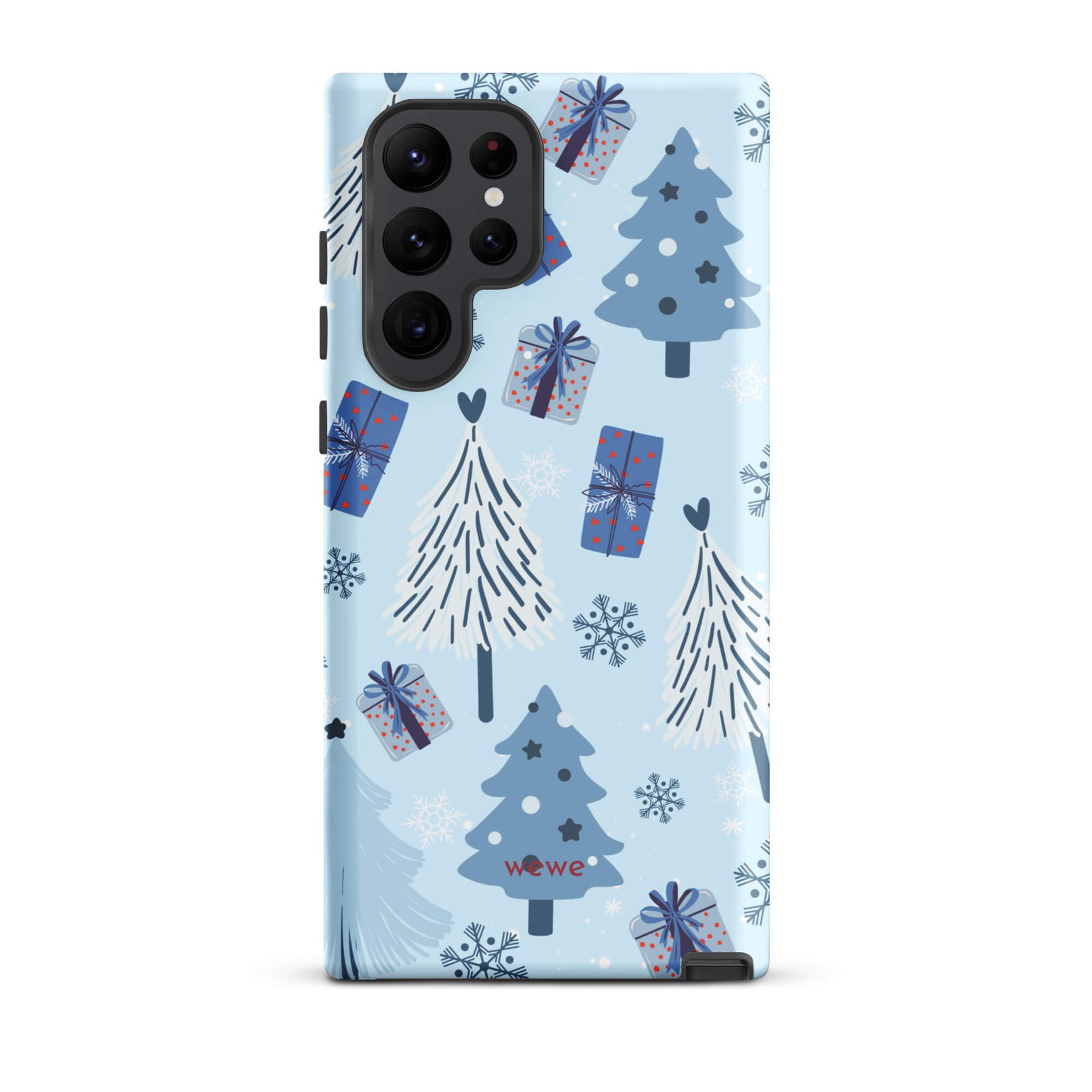 Custom samsung galaxy s22 ultra tough case featuring a light pastel blue background with a scattered pattern of stylized white and slate blue Christmas trees, dark blue wrapped gifts, and white snowflakes, with 'wewe' branding at the bottom.