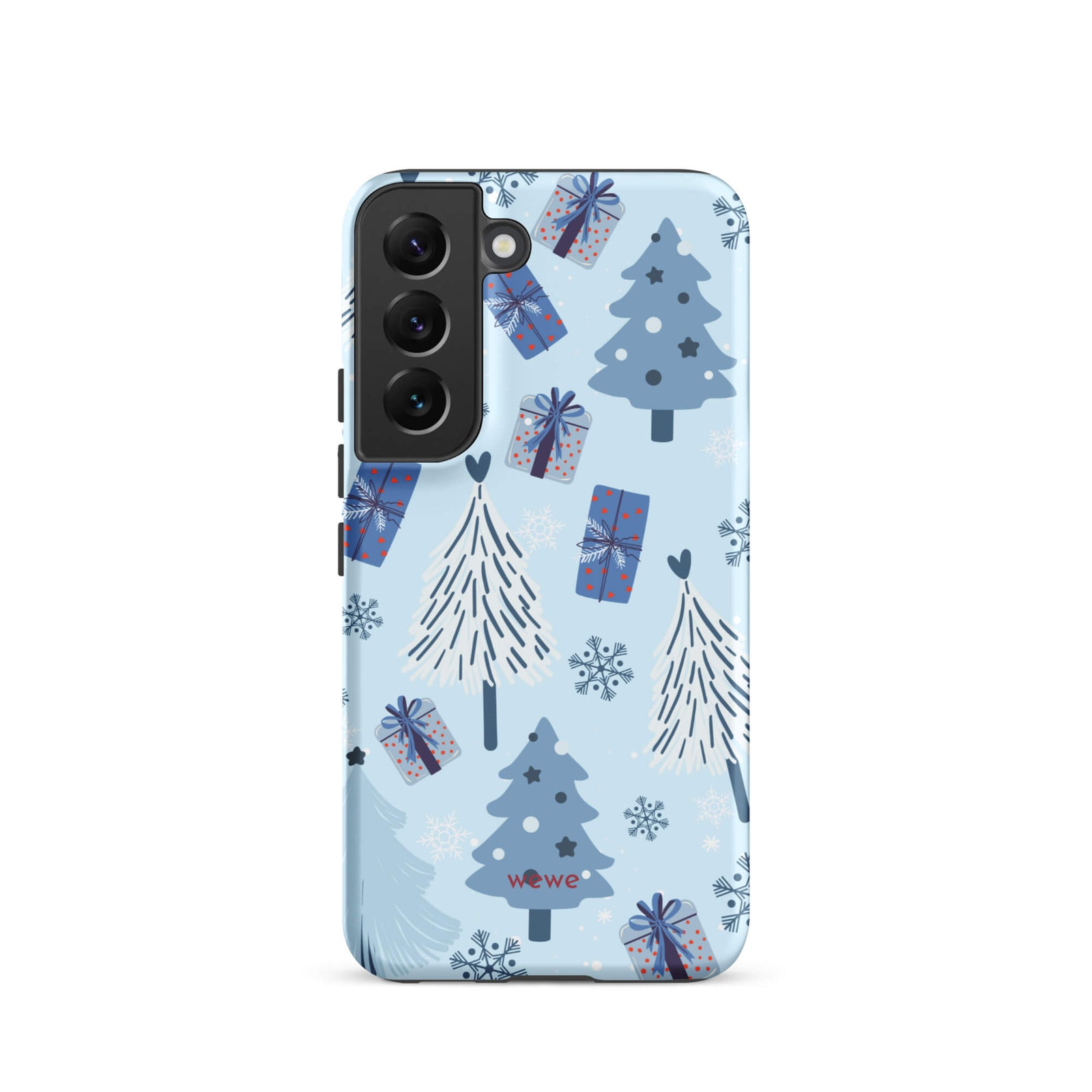 Custom samsung galaxy s22 tough case featuring a light pastel blue background with a scattered pattern of stylized white and slate blue Christmas trees, dark blue wrapped gifts, and white snowflakes, with 'wewe' branding at the bottom.