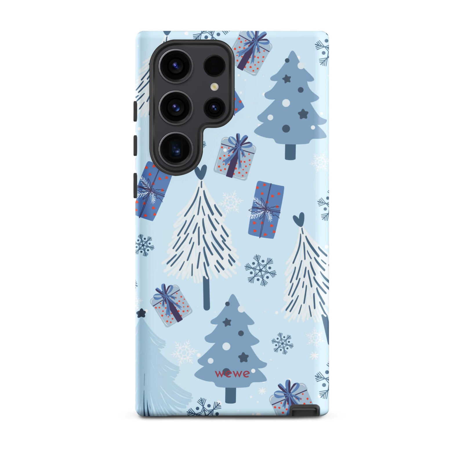 Custom samsung galaxy s23 ultra tough case featuring a light pastel blue background with a scattered pattern of stylized white and slate blue Christmas trees, dark blue wrapped gifts, and white snowflakes, with 'wewe' branding at the bottom.