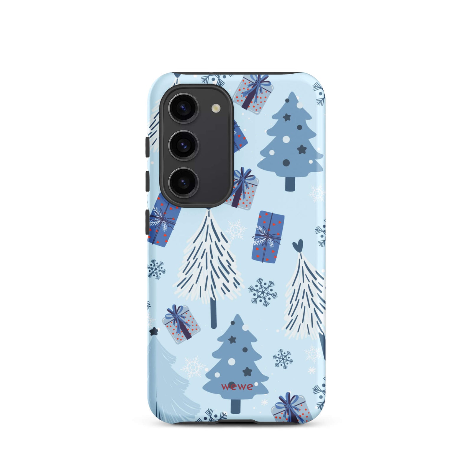 Custom samsung galaxy s23 tough case featuring a light pastel blue background with a scattered pattern of stylized white and slate blue Christmas trees, dark blue wrapped gifts, and white snowflakes, with 'wewe' branding at the bottom.