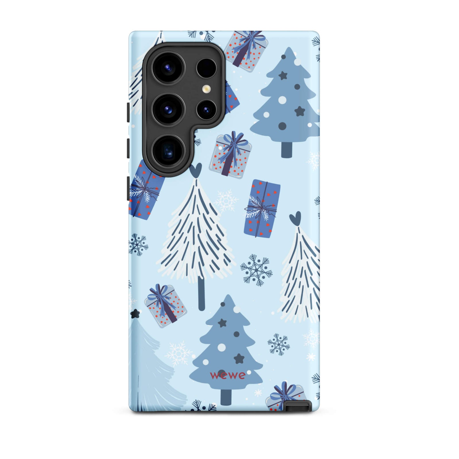 Custom samsung galaxy s24 ultra tough case featuring a light pastel blue background with a scattered pattern of stylized white and slate blue Christmas trees, dark blue wrapped gifts, and white snowflakes, with 'wewe' branding at the bottom.