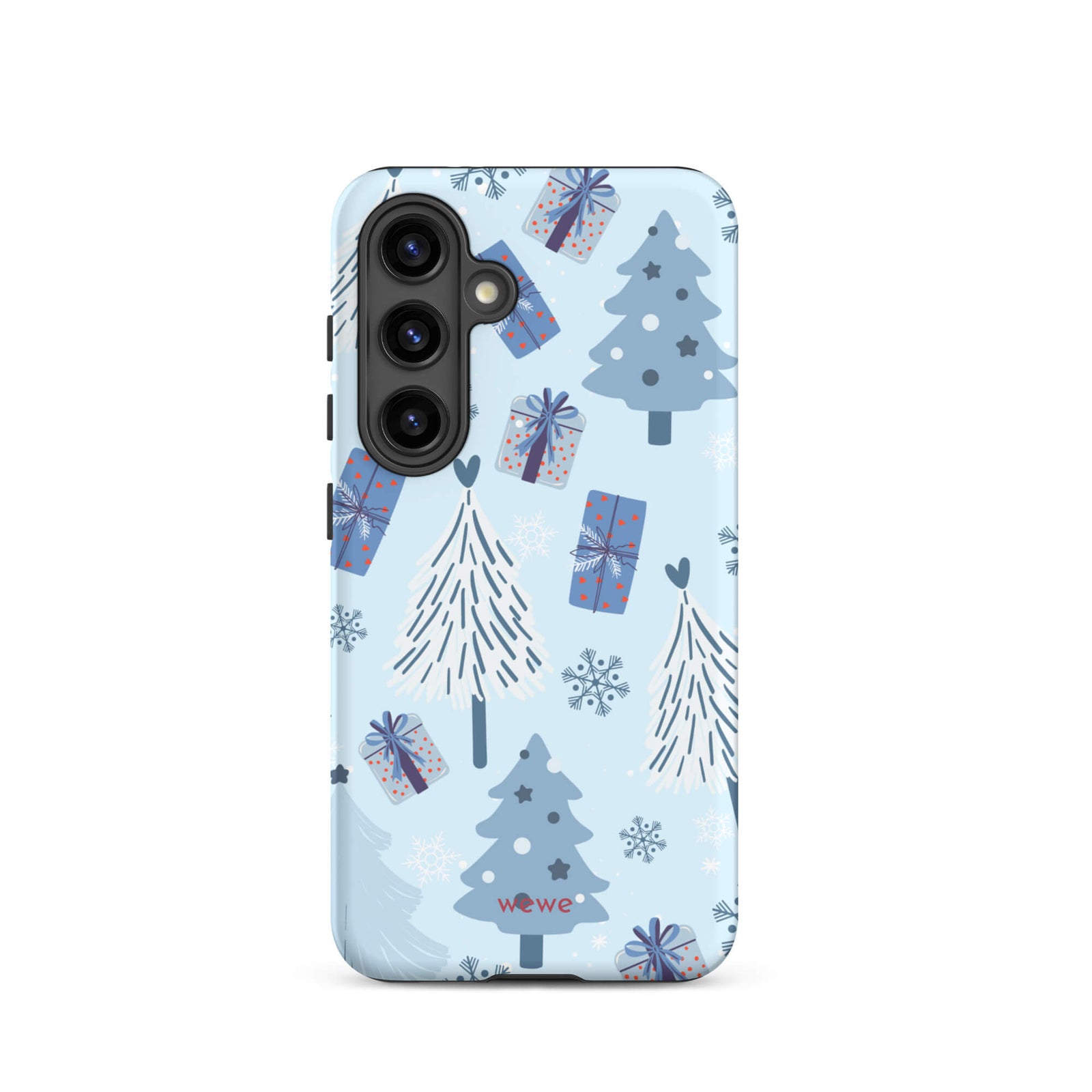 Custom samsung galaxy s24 tough case featuring a light pastel blue background with a scattered pattern of stylized white and slate blue Christmas trees, dark blue wrapped gifts, and white snowflakes, with 'wewe' branding at the bottom.