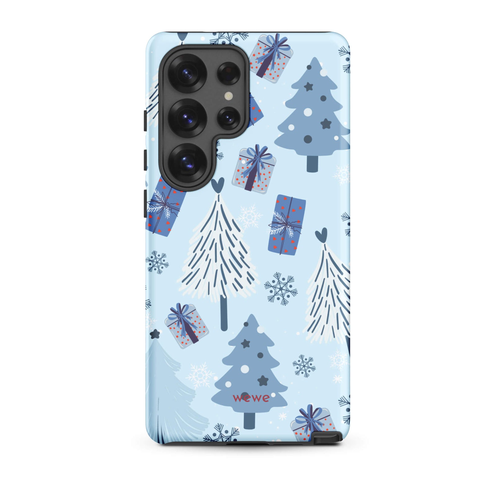 Custom samsung galaxy s25 ultra tough case featuring a light pastel blue background with a scattered pattern of stylized white and slate blue Christmas trees, dark blue wrapped gifts, and white snowflakes, with 'wewe' branding at the bottom.